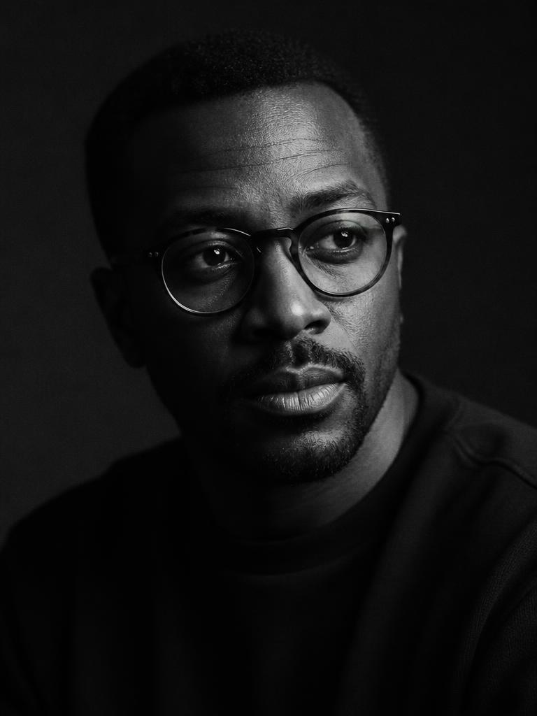 Editorial portrait of a professional wearing glasses in low-key lighting